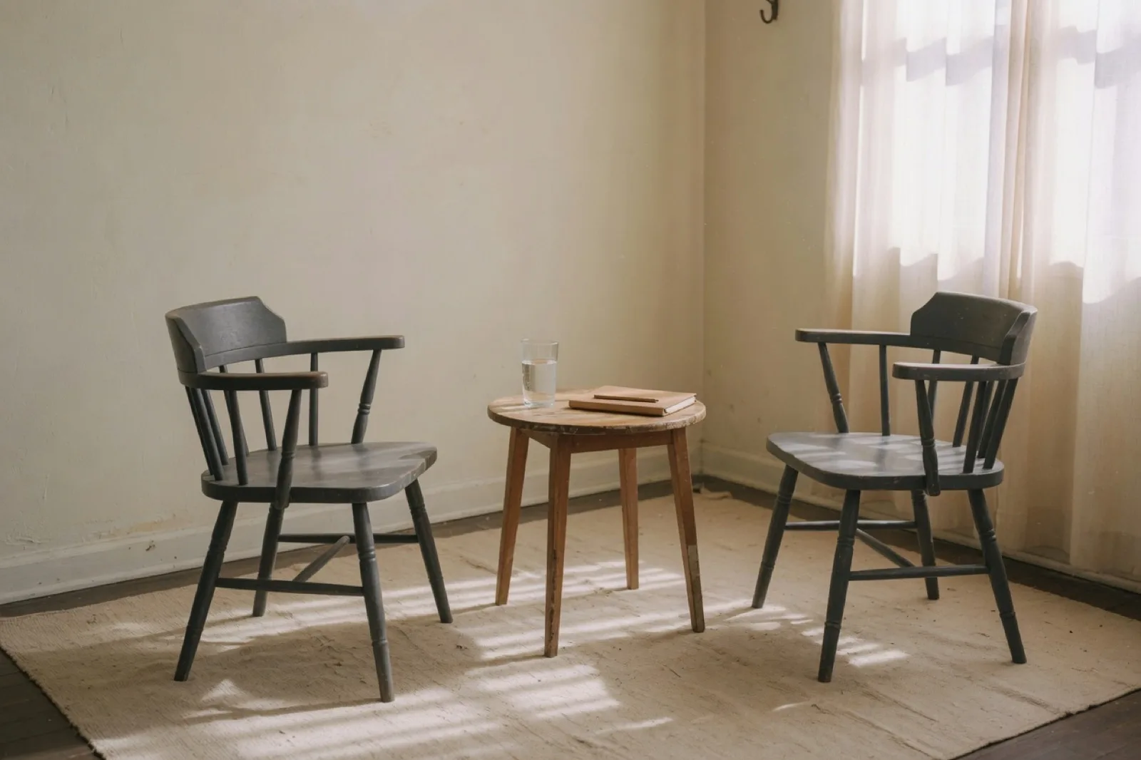 Two empty wooden chairs and a small table in a sunlit room